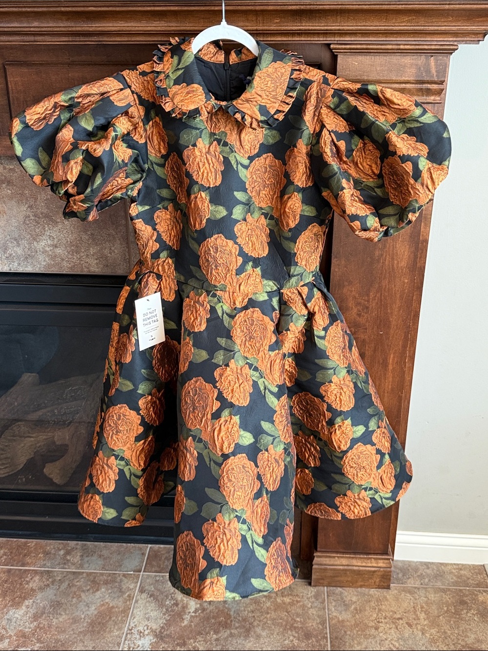 JessaKae jacquard/brocade burnt orange flower puff sleeve statement dress NWT L